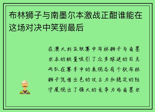 布林狮子与南墨尔本激战正酣谁能在这场对决中笑到最后